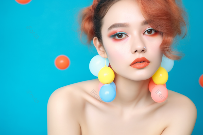 美妆模特少女清新青春彩妆蓝色背景特写摄影图,高清,摄影图,摄影图片,图片大全,摄影图免费下载
